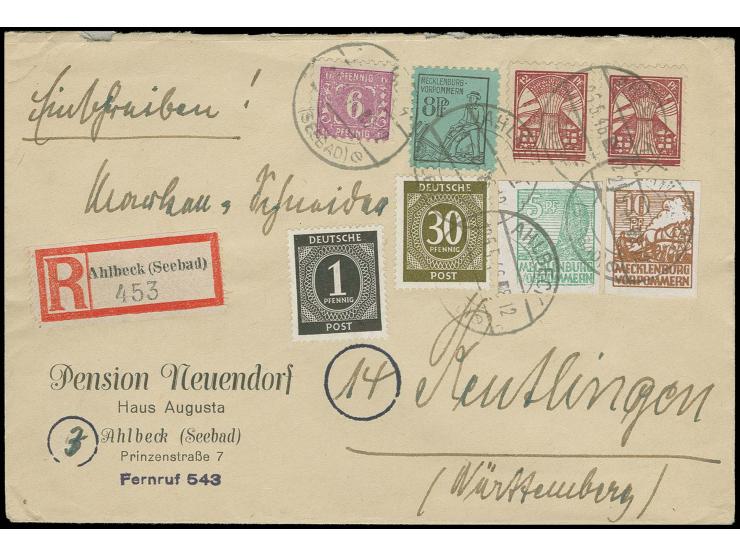 1945, Abschiedsserie 5 Pfg. mittelgrün und 10 Pfg. lebhaftsiena, jeweils auf x-Papier mit portogerechter Zufrankatur auf Eins