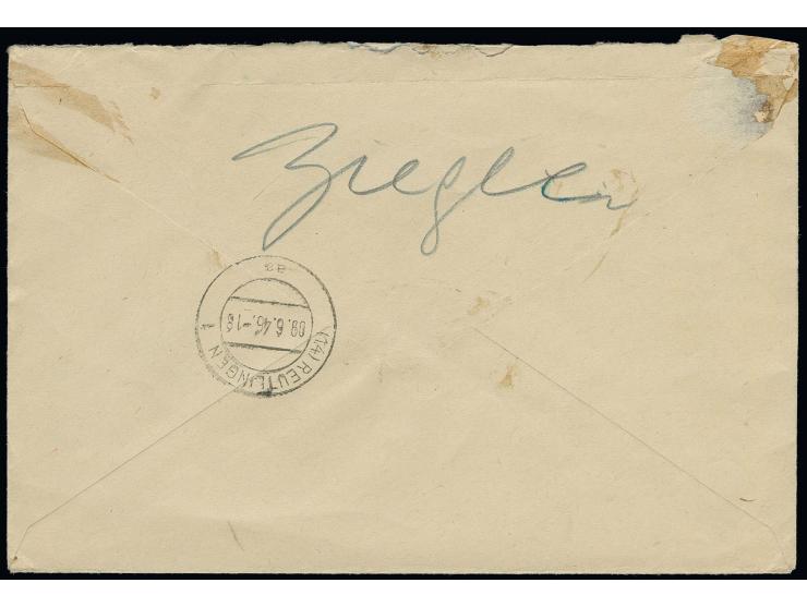 1945, Abschiedsserie 5 Pfg. mittelgrün und 10 Pfg. lebhaftsiena, jeweils auf x-Papier mit portogerechter Zufrankatur auf Eins