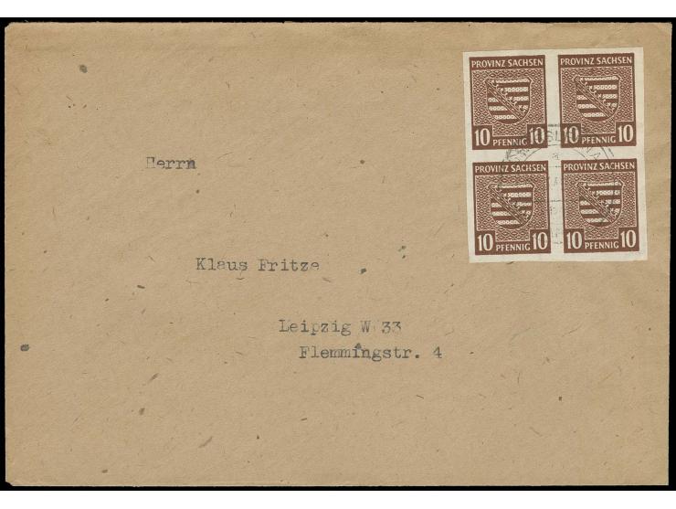  1945, 10 Pfg. rötlichbraun, Viererblock, sauber gestempelt auf beschriftetem Umschlag, sign. Ströh BPP