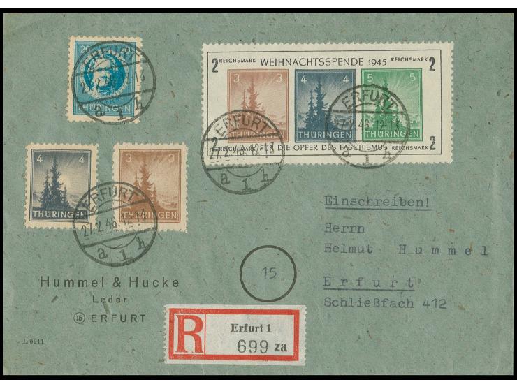 dito, Type I, mit Zusatzfrankatur auf Orts-R-Brief von "ERFURT 27.2.46" mit Ankunftsstempel (Mi. 1.100,- +)