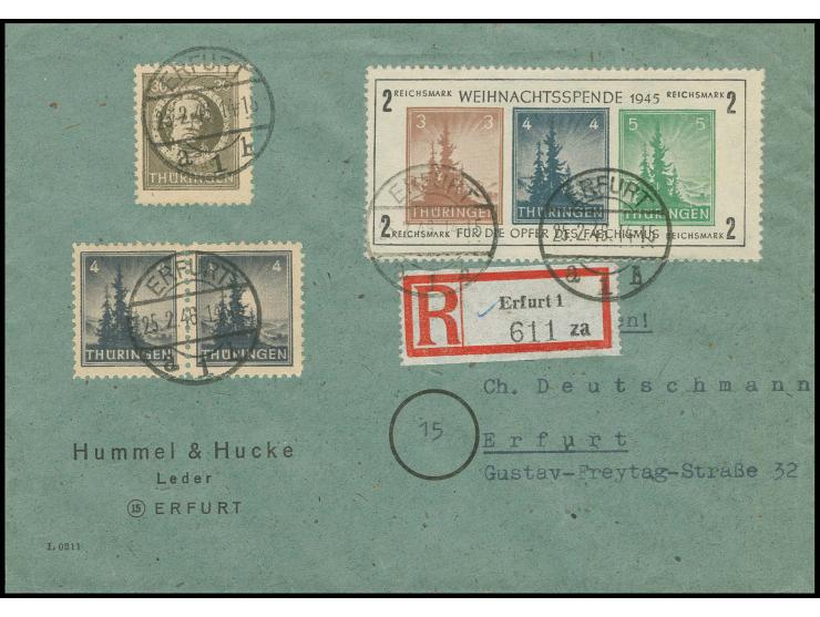 dito, Type I, mit Zusatzfrankatur auf Orts-R-Brief von "ERFURT 25.2.46" mit Ankunftsstempel (Mi. 1.100,- +)