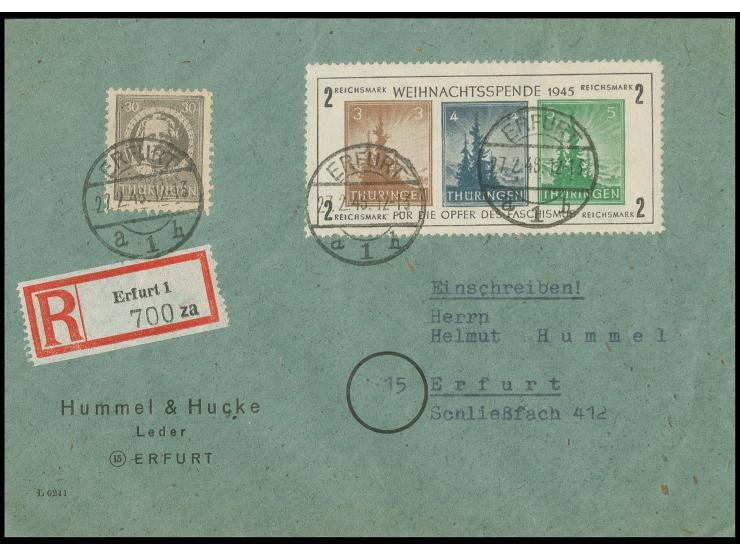 dito, Type IV, mit Zusatzfrankatur auf Orts-R-Brief von "ERFURT 27.2.46" mit Ankunftsstempel (Mi. 1.100,- +)