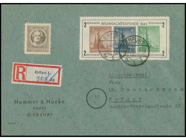 dito, Type VI, mit unentwerteter Zusatzfrankatur auf Orts-R-Brief von "ERFURT 26.2.46" mit Ankunftsstempel (Mi. 1.100,- +)