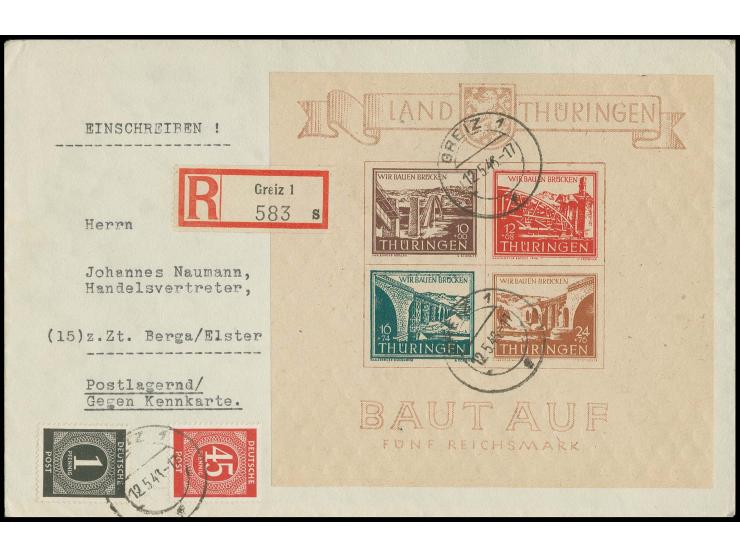 dito, Type I. mit portogerecher Zufrankatur auf Einschreibe-Brief von "GREIZ 1 12.5.46" nach Berga mit Ankunftsstempel, Block