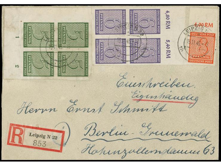 Ziffer 5 Pfg. im Viererblock aus der linken unteren Bogenecke, 6 Pfg. grauviolett im Viererblock mit Oberrand und 8 Pfg. mit 