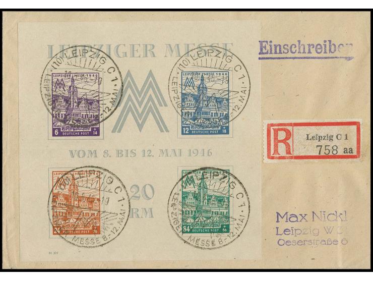 1946, Leipziger Messe-Block, Wasserzeichen "Stufen fallend" mit SST "LEIPZIG 10.5.46" auf überfrankiertem Einschreibe-Brief i