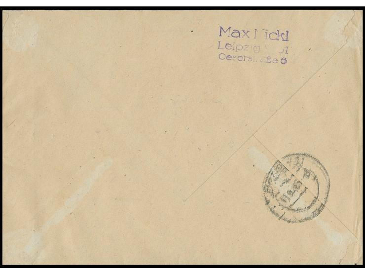 1946, Leipziger Messe-Block, Wasserzeichen "Stufen fallend" mit SST "LEIPZIG 10.5.46" auf überfrankiertem Einschreibe-Brief i
