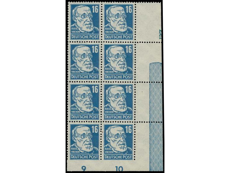 1948, Persönlichkeiten 16 Pfg. dunkelpreußischblau, Achterblock aus der rechten unteren Bogenecke, unten ungezähnt, rechts mi