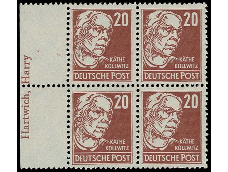 20 Pfg. dunkelbraunkarmin, Viererblock mit linkem Bogenrand, dort mit Druckerzeichen "Hartwich, Harry", postfrisch, bisher ni