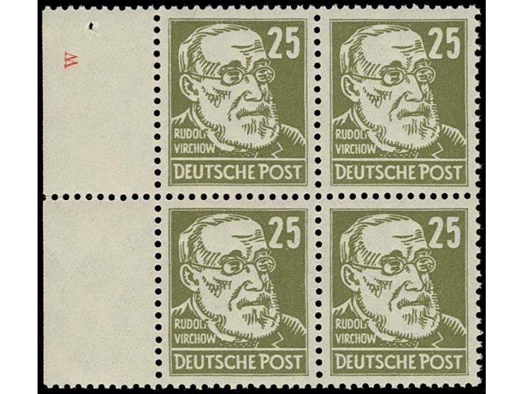 25 Pfg. dunkelbräunlicholiv, Viererblock mit linkem Bogenrand mit rotem Druckkontrollvermerk "w", postfrisch, dieser Vermerk 