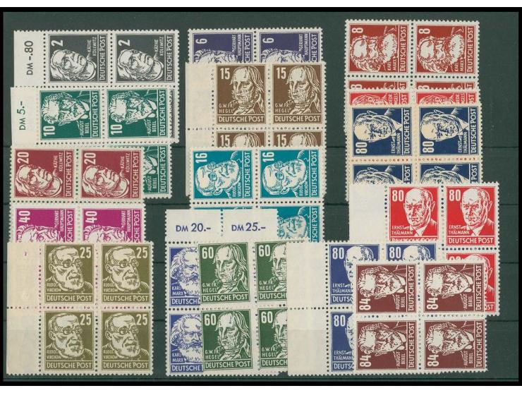 1952/53, Persönlichkeiten 2-84 Pfg. inkl. 80 Pfg "Lack", in Viererblocks, postfrisch