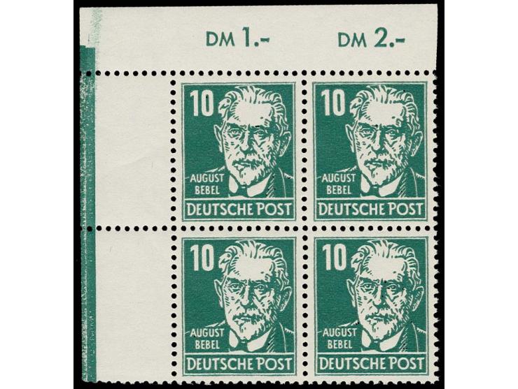 10 Pfg. schwärzlichgrün auf gestrichenem Papier mit Wz. 2Y I, Viererblock aus der linken oberen Bogenecke, postfrisch mit tei