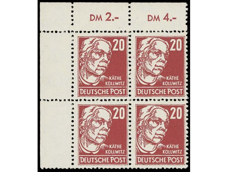 20 Pfg. lebhaftkarminrot auf gestrichenem Papier mit Wz. 2Y I, Viererblock aus der linken oberen Bogenecke, postfrisch, sehr 