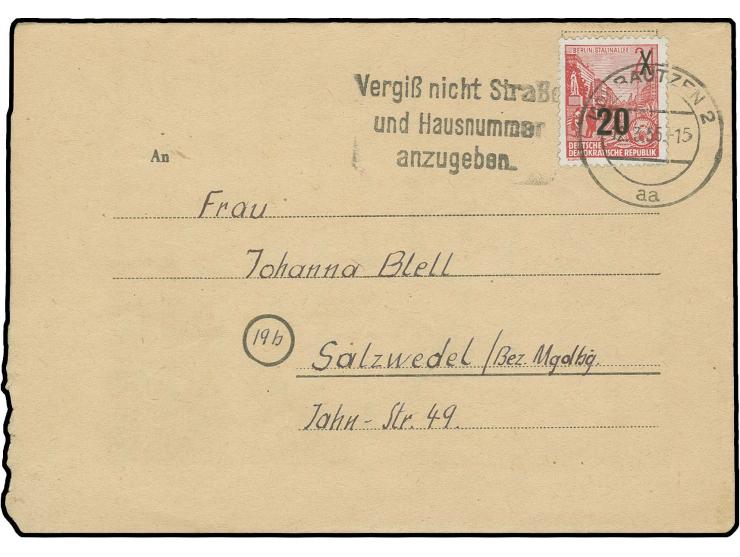 1954, Fünfjahrplan 20 auf 24 Pfg. auf Gefängnis-Kartenvordruckbrief von "BAUTZEN 12.3.55" nach Salzwedel, innen mit Vordruck 