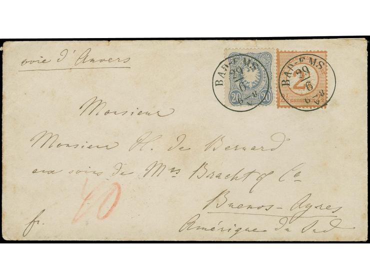  Großer Schild 2½ auf 2½ Groschen in Mischfrankatur mit 1875, 20 Pfennige mit jeweils klar aufgesetztem EKr. "BAD-EMS 29/6" (