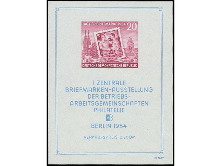 1954, Briefmarken-Austellungsblock mit Abart "Rahmen links unten gebrochen und Farbpunkt im zweiten U von Ausstellung", postf