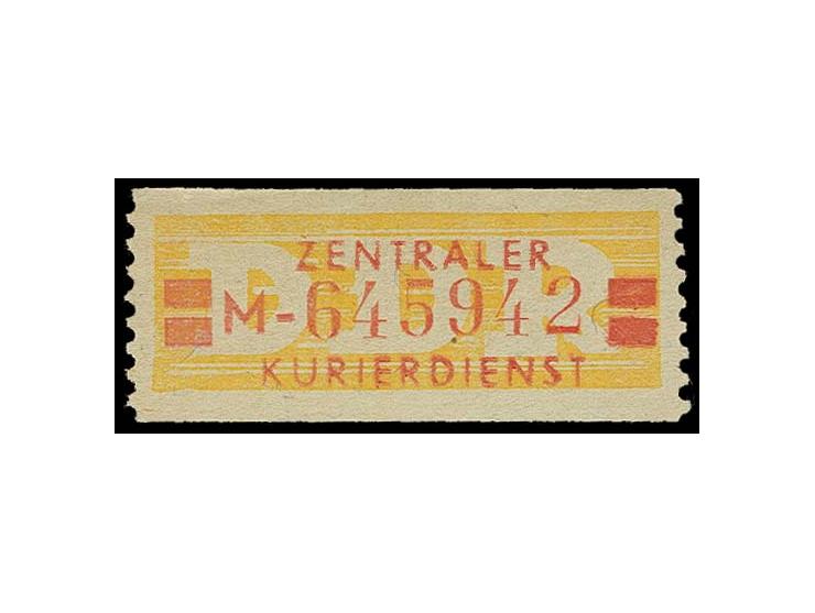 1958, 20 Pfg. mittelbraungelb, breite Kennbuchstaben, Bezirk Dresden, mit Zählernummer 645 942, postfrisch, das erste bekann