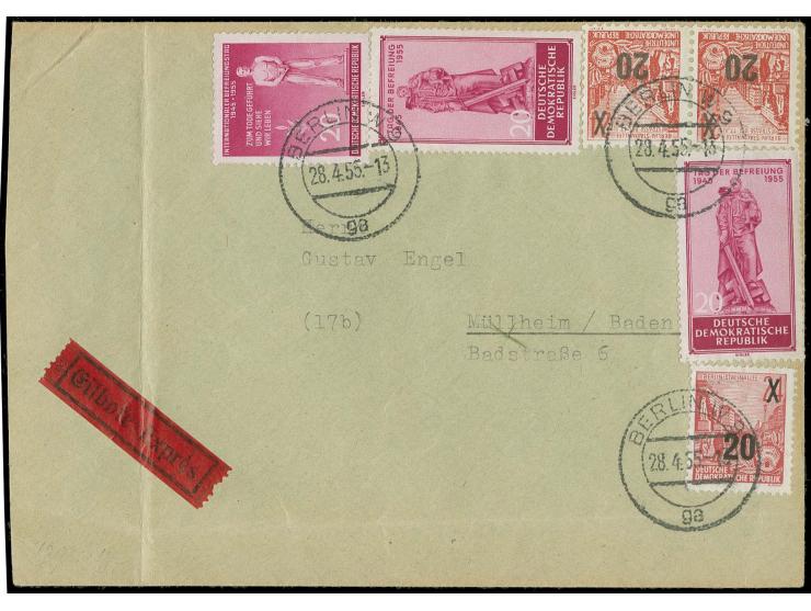 1955, 20 auf 24 Pfg. mit Inschrift "Berlin-Stalinalle..." im waagerechten Paar mit Zufrankatur auf Eilboten-Brief von "BERLIN