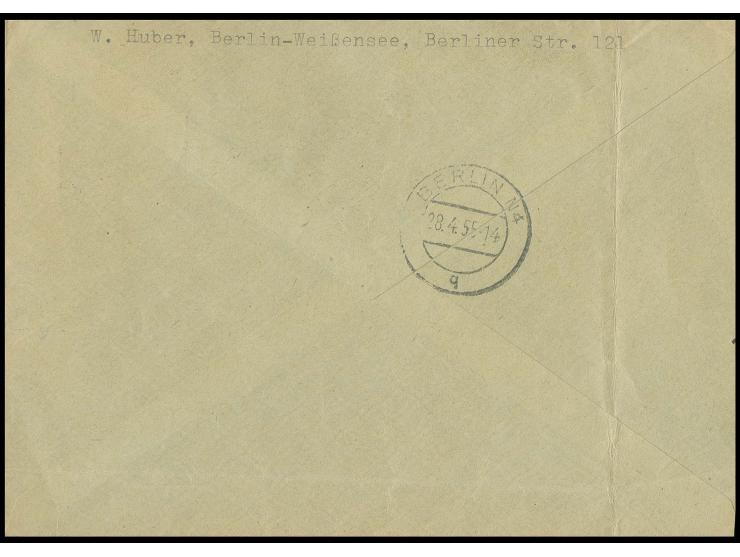 1955, 20 auf 24 Pfg. mit Inschrift "Berlin-Stalinalle..." im waagerechten Paar mit Zufrankatur auf Eilboten-Brief von "BERLIN