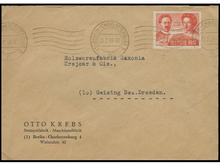 1949, Liebknecht/Luxemburg 24 Pfg. mit Maschinenstempel "BERLIN-CHARLOTTENBURG 2 23.2.49" auf Firmenvordruckbrief nach Geisin