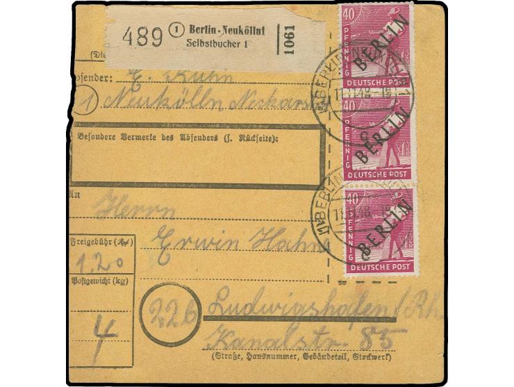 EIGENE AUSGABEN: 1948, Schwarzaufdruck 40 Pfg. im senkrechten 3er-Streifen als portogerechte Mehrfachfrankatur auf Paketkarte