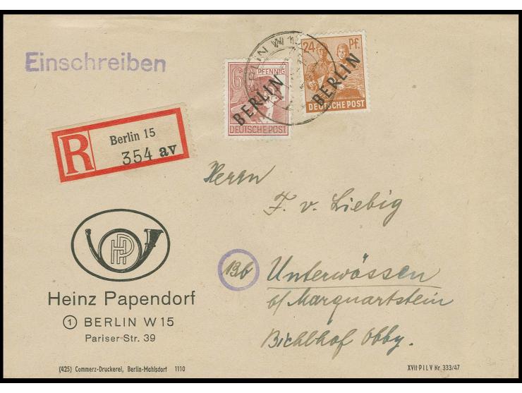 60 Pfg. und 24 Pfg. mit Stempel "BERLIN W15 17.1.49" auf Einschreibe-Brief nach Unerwössen mit Ankunftsstempel, seltene Verwe