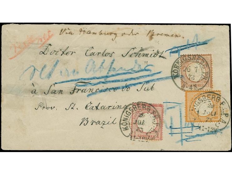  BRASILIEN: Großer Schild 2½ Groschen rötlichbraun mit DKr. "KÖNIGSBERG PR. 26 7 73" sowie ½ Groschen orange und 1 Groschen k
