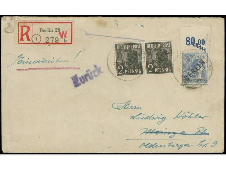 80 Pfg. mit Oberrand und 2 Pfg. im waagerechten Paar als portogerechte Frankatur auf Einschreibe-Brief von "BERLIN N31 18.1.4