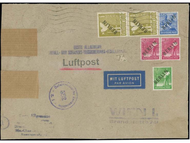 1 M. im senkrechten Paar, 50 Pfg., 40 Pfg. (2) und 10 Pfg. (ohne Entwertung) als portogerechte Frankatur auf IAS-Luftpostbrie