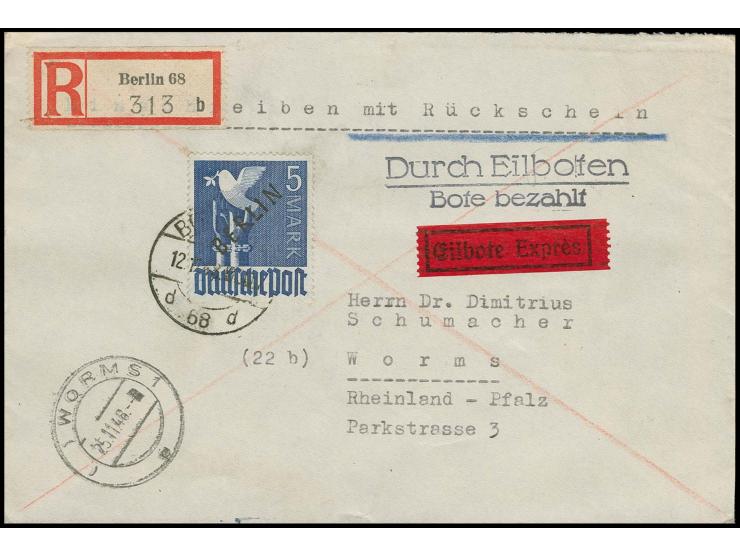 5 M. mit Abart "R gebrochen" (Feld 5, Teilauflage) sauber gestempelt  "BERLIN 12.11.48" auf philatelistischem Eilboten-R-Brie