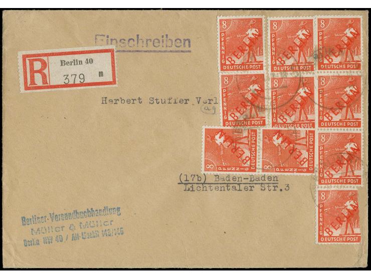 1949, Rotaufdruck 8 Pfg., 10 Stück als portogerechte Mehrfachfrankatur auf Einschreibe-Brief von "BERLIN W 40  27.9.49" nach 