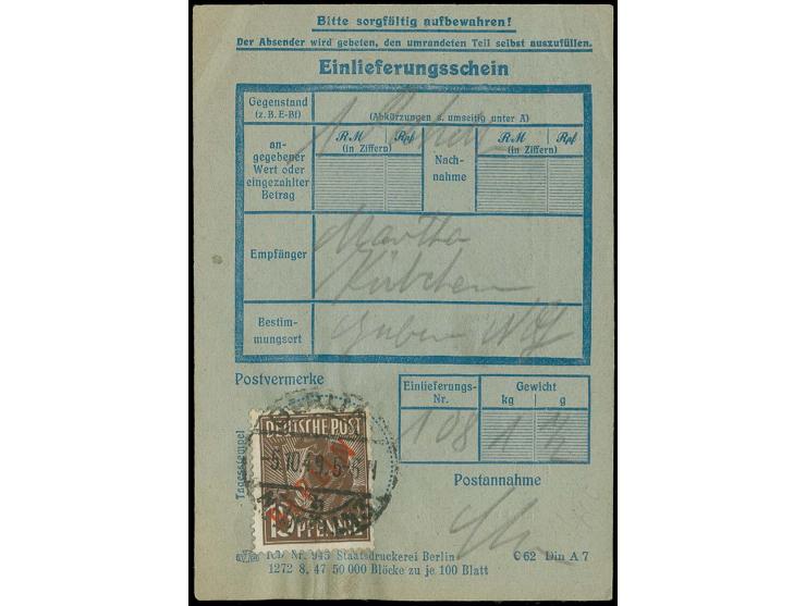 15 Pfg. als portogerechte Verwendung auf Posteinlieferungsschein für 1 Paket von "BERLIN-NEUKÖLLN 5.10.49", 900,-