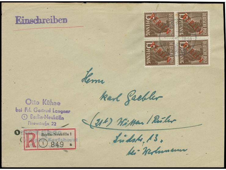 15 Pfg. im Viererblock als portogereche Mehrfachfrankatur auf Einschreibe-Brief von "BERLN-NEUKÖLLN 25.11.49" nach Witten mit