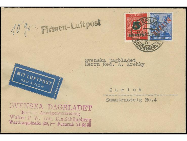50 Pfg. und Grünaufdruck 5 Pfg. als portogerechte Frankatur auf "Firmen-Luftpost"-Brief von "BERLIN-SCHÖNEBERG 17.8.49" via F