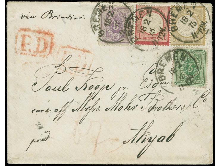 BURMA: Großer Schild 1 Groschen karmin und 5 Groschen ocker in Mischfrankatur mit 1875, 3 Pfennige grün und 5 Pfennige violet