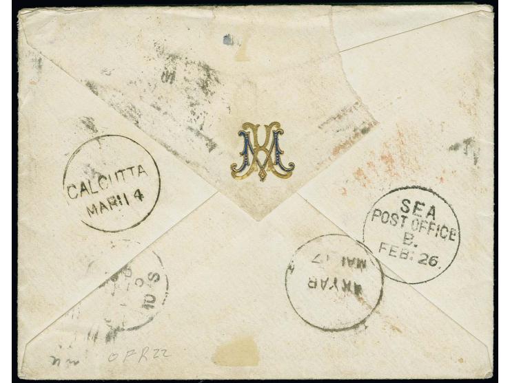 BURMA: Großer Schild 1 Groschen karmin und 5 Groschen ocker in Mischfrankatur mit 1875, 3 Pfennige grün und 5 Pfennige violet
