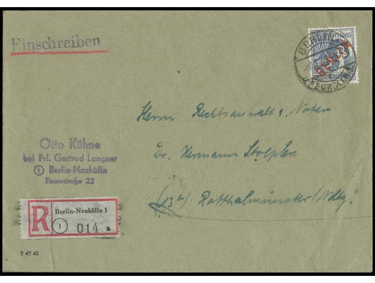 80 Pfg. als portogerechte Einzelfrankatur auf Einschreibe-Brief der 2. Gewichtsstufe von "BERLIN-NEUKÖLLN 9.8.49" nach Rottha