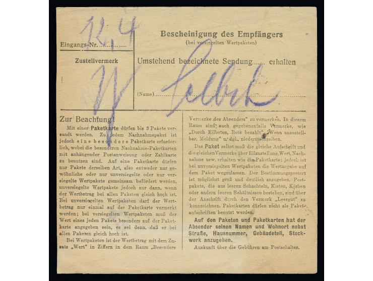 80 Pfg. im senkrechten Paar und 10 Pfg. auf Paketkarte von "BERLIN-FRIEDENAU 30.3.49" nach Ludwigshafen, Beförderungsspuren u