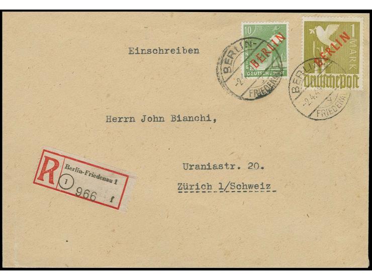 1 M. und 10 Pfg. als portogerechte Frankatur auf Einschreibe-Brief von "BERLIN-FRIEDENAU 2.4.49" nach Zürich mit Ankunftsstem
