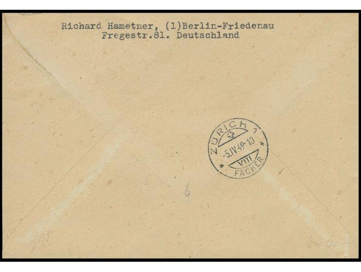 1 M. und 10 Pfg. als portogerechte Frankatur auf Einschreibe-Brief von "BERLIN-FRIEDENAU 2.4.49" nach Zürich mit Ankunftsstem
