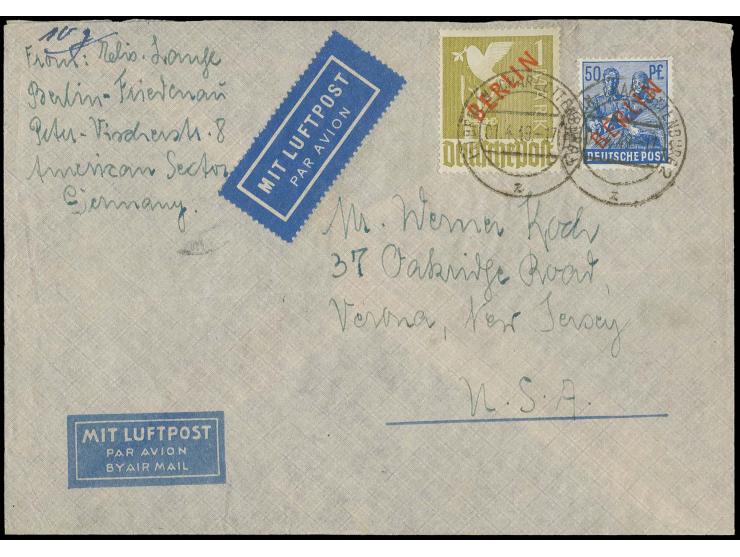 1 M. und 50 Pfg. als portogerechte Frankatur auf IAS-Luftpostbrief von "BERLIN-CHARLOTTENBURG 1.4.49" via Frankfurt in die US