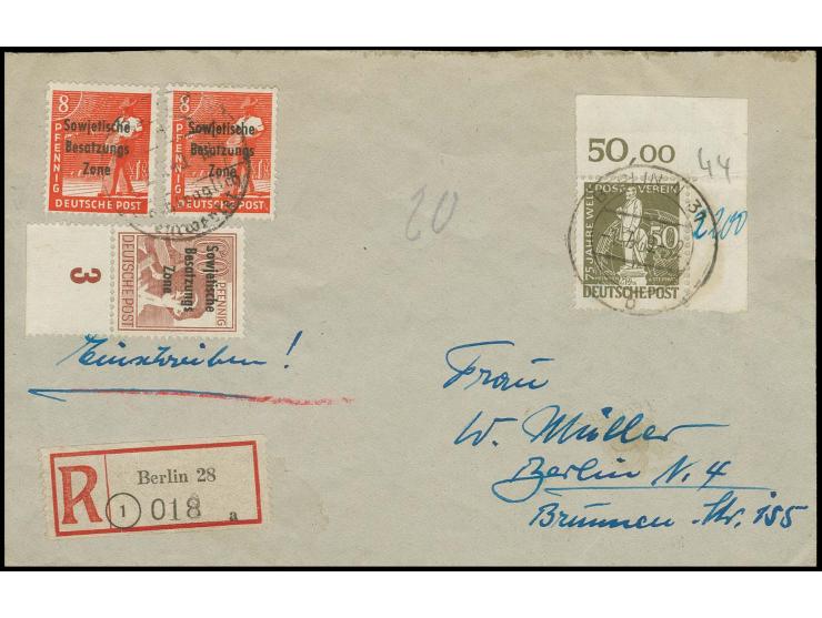 Stephan 50 Pfg. aus der rechten oberen Bogenecke mit Stempel "BERLIN N 31. 1.7.49" in Doppelfrankatur mit SBZ Maschinenaufdru
