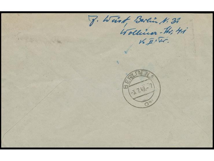 Stephan 50 Pfg. aus der rechten oberen Bogenecke mit Stempel "BERLIN N 31. 1.7.49" in Doppelfrankatur mit SBZ Maschinenaufdru