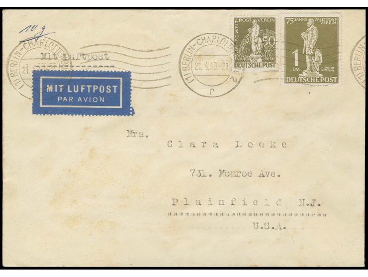 1 M. und 50 Pfg. als portogerechte Frankatur auf IAS-Luftpostbrief von "BERLIN-CHARLOTTENBURG 2 21.4.49" via Frankfurt in die