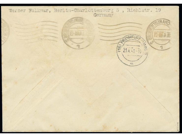 1 M. und 50 Pfg. als portogerechte Frankatur auf IAS-Luftpostbrief von "BERLIN-CHARLOTTENBURG 2 21.4.49" via Frankfurt in die