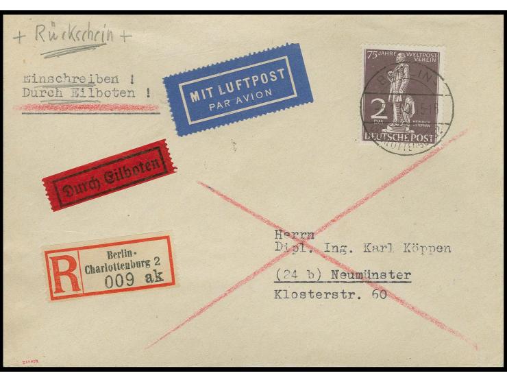 2 M. auf minimal überfrankiertem Einschreibe-Eilboten-Luftpostbrief mit Rückschein von "BERLIN-CHARLOTTENBURG 2 3.1.50" nach 