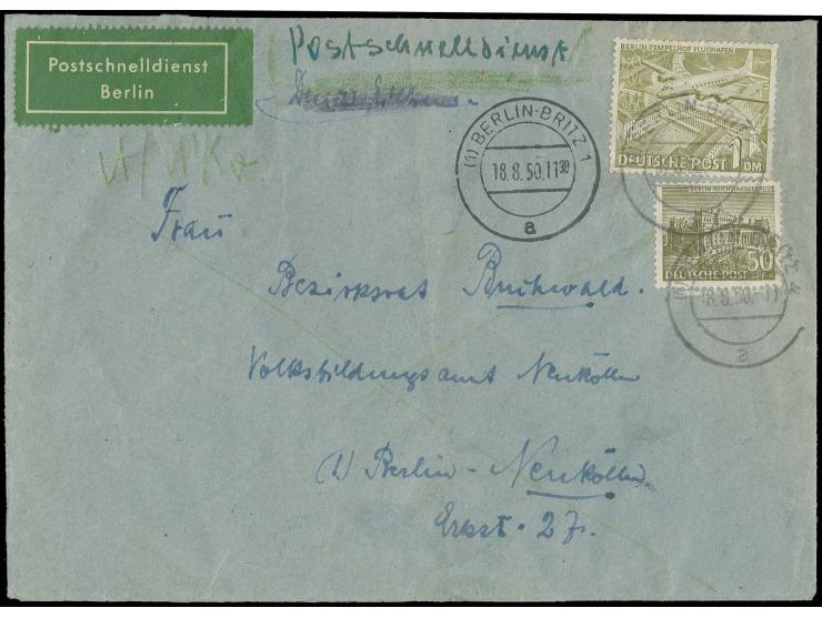 1 M. und 50 Pfg. als portogerechte Verwendung auf Postschnelldienst-Brief über 20 gr. von "BERLIN-BRITZ 18.8.50" nach Berlin-