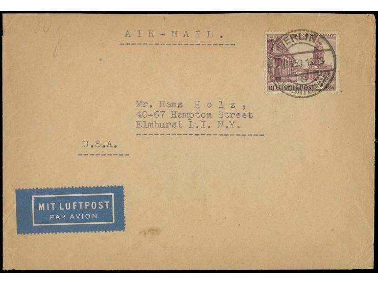 2 M. als portogerechte Einzelfrankatur auf Luftpost-Brief bis 30 gr. von "BERLIN-CHARLOTTENBURG 4 7.11.50" in die USA, Umschl