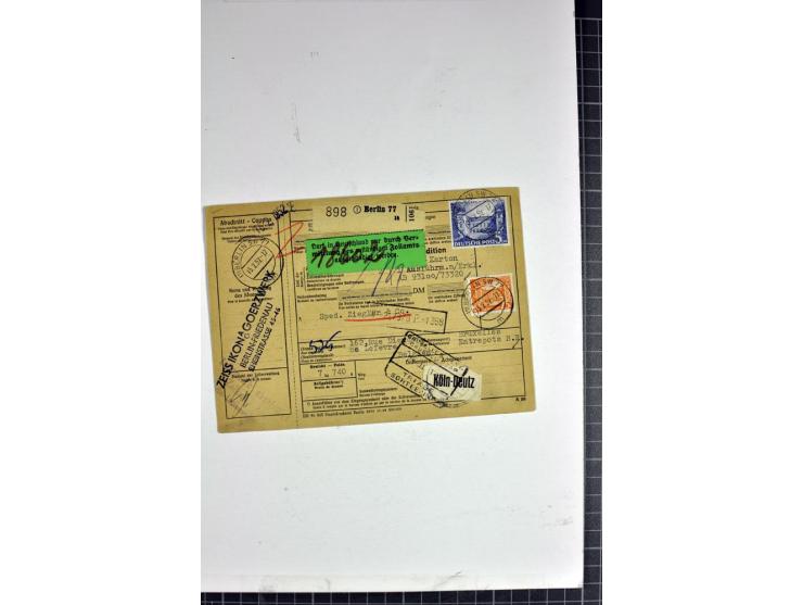 5 M. und 25 Pfg. auf kompletter Paketkarte von "BERLIN SW 77 15.2.52"  via Köln-Deutz mit grünem Aufkleber "Darf in Deutschla