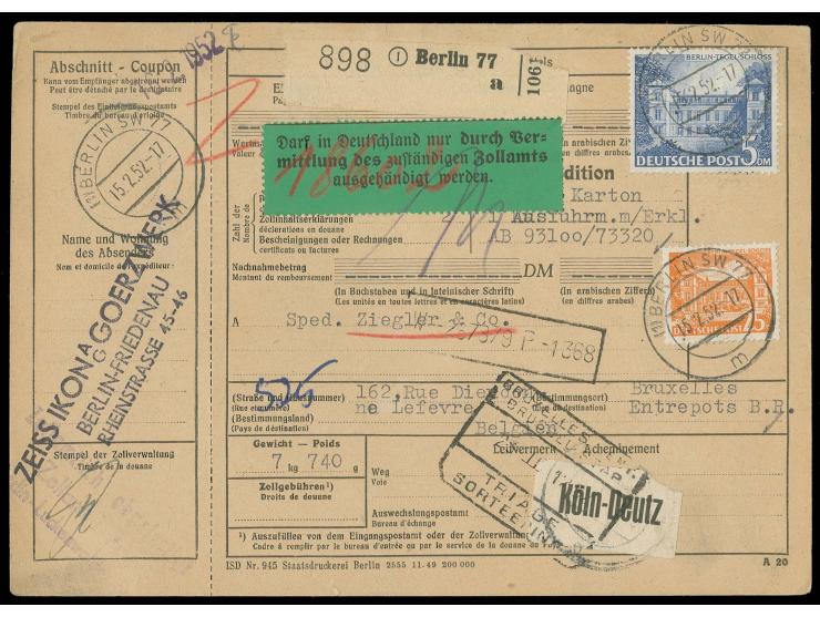 5 M. und 25 Pfg. auf kompletter Paketkarte von "BERLIN SW 77 15.2.52"  via Köln-Deutz mit grünem Aufkleber "Darf in Deutschla